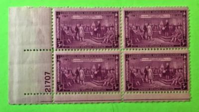 Plate Block 1937 #798 unused 3 cent US stamps Constitution Sesquicentennial - Image 1 of 3