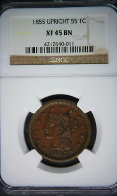 1855 Braided Hair Cent - NGC XF45 BN - Upright 55 - Nice Coin!! - Image 1 of 4