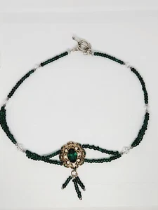 Emerald Green Victorian Look Glass Bead Gold Tone Filigree Tassle Necklace - Picture 1 of 6
