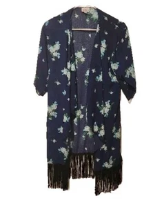 LulaRoe Sz Small Multicolor Boho Paisley Sheer Kimono Fringe Tassels 3/4 Sleeve - Picture 1 of 5