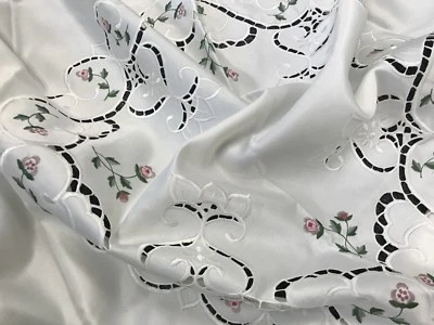 88" Round Fabric Embroidery Handmade Rosebud Embroidered Tablecloth 12 Napkin - Image 1 of 4