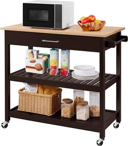 Kitchen Island on Wheels with Bamboo Tabletop, 3-Tier Rolling Kitchen Cart Micro - Picture 1 of 9