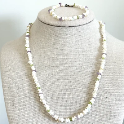 Juego de collar pulsera con cuentas de peridoto amatista perlas genuinas de plata de ley 925 Foto 1 de 4