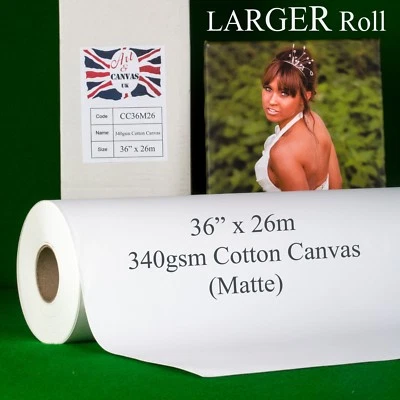 36" x 26m 340gsm Inkjet COTTON Canvas Roll (Matte) Water Resistant 100% Cotton - Image 1 of 3