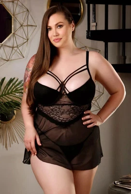 FANTASY LINGERIE-Curve EMILY Lace Satin Chemise & G-String Panty Set PLUS 1X/2X - Image 1 of 4