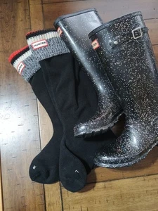 HUNTER Big Kids 4B/ 5G Original Black Glitter Tall Rain Boots Girls Fleece Socks - Picture 1 of 13