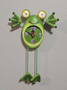 Whimsical Frog Wall Clock W/ Hanging Legs 10" Frog Lovers Fun Colorful - Picture 1 of 8