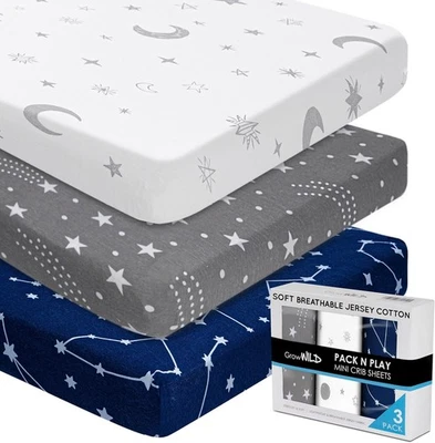 GROW WILD Pack n Play, Mini Sábanas para Cuna Paquete de 3 N Plays, Estrellas &amp; Luna  Foto 1 de 4