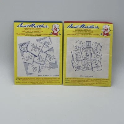 Lot 2 Aunt Martha's Hot Iron Transfer Embroidery Patterns 3740 Ducks 3606 Kitten - Image 1 of 2