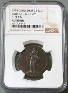 1794 GREAT BRITAIN 1/2 PENNY SUFFOLK GOD'S CASTLE CONDER TOKEN NGC AU 50 BROWN - Picture 1 of 3