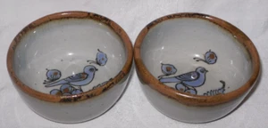 2 El Palomar Mexico Blue Bird Folk Art Pottery Fruit/Dessert Bowl/Cup Blue Brown - Picture 1 of 7
