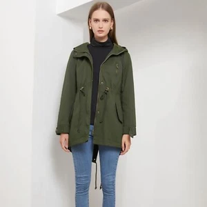 Womens Hooded Trench Coat Utility Slim Fit Zip Up Casual Anorak Jacket W/Pockets - Picture 1 of 50