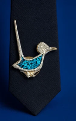 Vintage Silver Tone Turquoise Road Runner Bird Tie Tack Lapel - Image 1 of 4