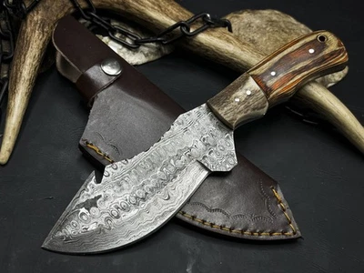 10219 Handmade Damascus steel Camping Tactical Hunting Knife With Leather Sheath - Image 1 of 4