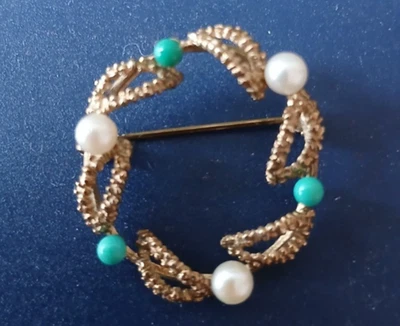 333er Gelbgold Brosche mit Perlen und Türkisen 3,3 g hübsche Arbeit - Bild 1 von 4