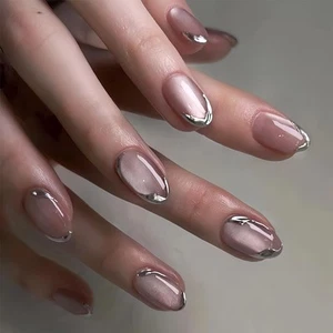 24 PIEZAS Brillante Prensado en Uñas Cortas Almendra Uñas Falsas con Borde Plateado Ojo de Gato-2 - Imagen 1 de 7
