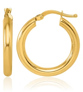 14K Solid Yellow Gold Round Medium Hoop Earrings - Picture 1 of 11