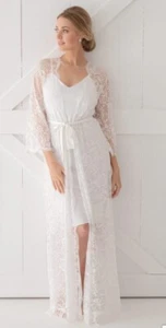 bridal robe lace gown white long maxi kimono Sze 10-12 hens boho wedding sheer - Foto 1 di 13