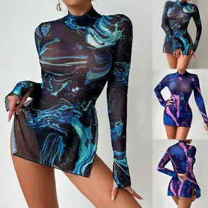 Womens Long Sleeve Slim Dress Lingeries Set Tie Dyed Thong Nightwear See Through - Picture 1 of 28