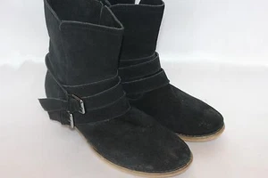 ECOTE Distressed Pull On Black Suede Leather Buckle Ankle Boots Sz 10 - Picture 1 of 9