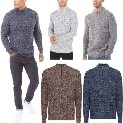 BRAVE SOUL Mens Cable Knitted Jumper Funnel Neck Warm Pullover Half Zip Sweater - Image 1 of 4