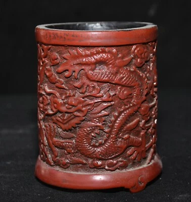 Vaso lápis pincel besta dragão madeira laca vermelha dinastia chinesa antiga 4" - Imagem 1 de 4