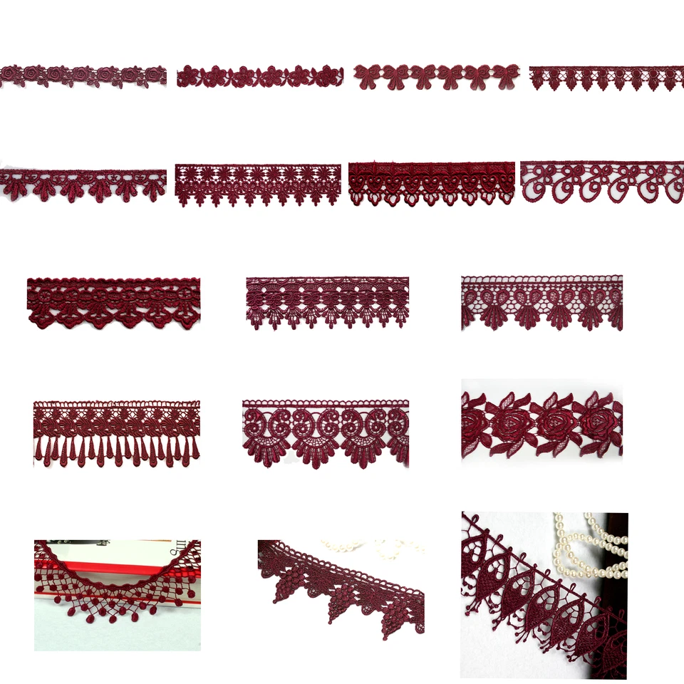 5/8" 0.75 1" 1.25" 2" 2.5" 3" Variety Burgundy Embroidery Lace Trim by Yard - Image 1 of 1