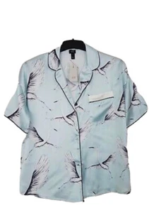 RIVER ISLAND BLUE SATIN BIRD PRINT PYJAMA TOP UK 8 - 10 XS WOMEN'S SHORT SLEEVE - Picture 1 of 3