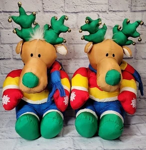 Lot 2 Vintage 80's Christmas Plush Reindeer Stuffed Moose Puffalump Bells Nylon - Picture 1 of 18