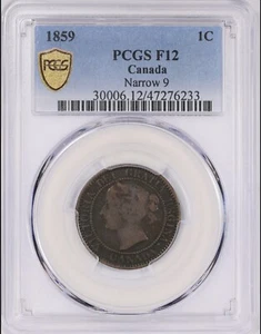 1859 CANADA Large Cent Narrow 9 Variety PCGS F12 - Picture 1 of 4