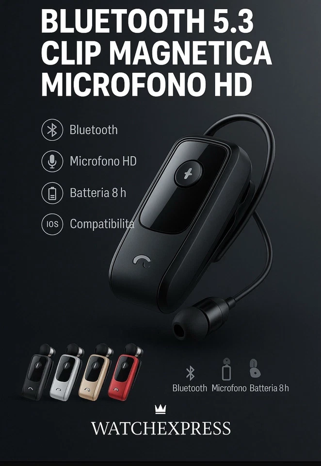 AURICOLARE CUFFIE BLUETOOTH RETRATTILE CLIP VIBRAZIONE PER IPHONE IOS E ANDROID - Immagine 1 di 4