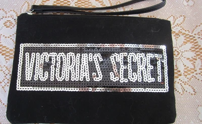 Victoria's Secret Black Canvas & Silver Sequin Clutch Wristlet STRAP Make Up Bag - Image 1 of 4