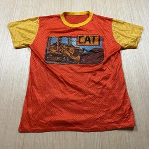Vintage 70s Caterpillar CAT Construction Mesh T Shirt Colorblock Ringer L Boys - Picture 1 of 7