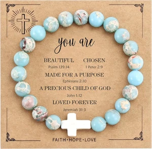 Cross Beaded Bracelets for Women, Inspirational Natural Heart Religious Bracelet - Picture 1 of 12