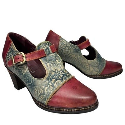 L'Artiste Spring Step Susana Red Green Floral Print Leather Heeled Booties Sz 36 - Image 1 of 4