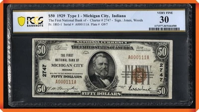KC- Fr.1803-1 1st NB of Michigan City , Indiana #2747 - VF 30 by PCGS Banknote - Image 1 of 3