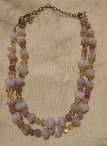 Vintage Rose Achat Halskette 18" verstellbar auf 15" rosa & weiß 2 Strang Perlen - Bild 1 von 7