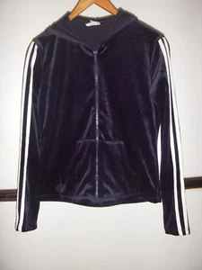 VTG Y2K RAVE Navy Blue White Stripe Velour Velvet Hoodie Jacket Sz S Made In USA - Picture 1 of 2