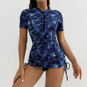 Women's Two Piece Short Sleeve UV Rash Guard Zipper Swimsuit Surfing Wetsuit New - Picture 1 of 20