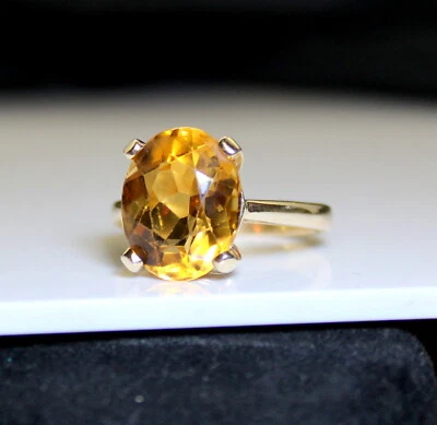 Precioso anillo solitario citrino ovalado grande de oro de 14 quilates vintage Estate para damas Foto 1 de 4