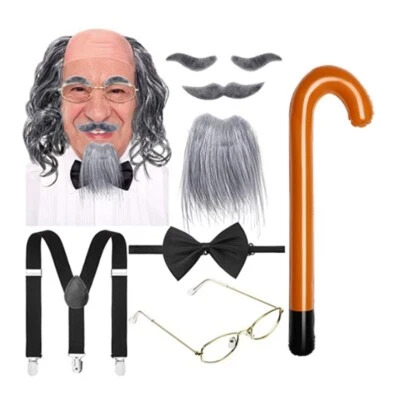 Old Man Costume Dress Up Set Kid Masquerade Cosplay Grandpa Grandfather Wig - Image 1 of 4