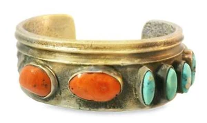 Beautiful Navajo Sterling Silver Hand Carved Turquoise Coral Bangle Bracelet - Picture 1 of 4