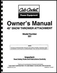 Cub Cadet 45" Snow Thrower Attachment Owners Manual Model No. 190-551-100 - Picture 1 of 2