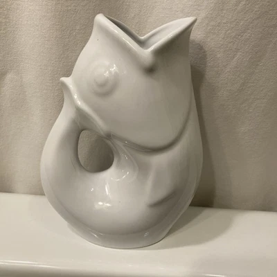Gurgle Pot 9.5" Fish Pitcher Vase 42 oz Large Pottery Stoneware Snow White 2006 - Image 1 of 4