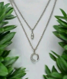 925 Sterling Silver 2 Strand Layered Necklace CZ Crescent Moon Lovers Pendants - Picture 1 of 17