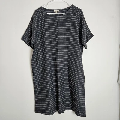 Vestido túnica Eileen Fisher talla S lino orgánico cuello redondo bolsillos gris a rayas Foto 1 de 4