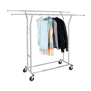 Double Clothes Rail on Wheels Rolling Clothing Garment Rack Heavy Duty Sliver - Picture 1 of 12