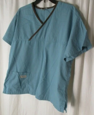 Urbane Crossover Sz M Scrub Shirt Top Blue Brown Trim Medical Nurse - Image 1 of 4