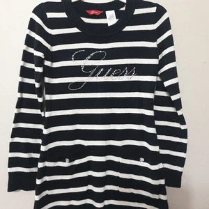 Guess Kids Girls Knit Tunic Sweater M 10-12 Black White Striped Top Logo Pockets - Picture 1 of 9