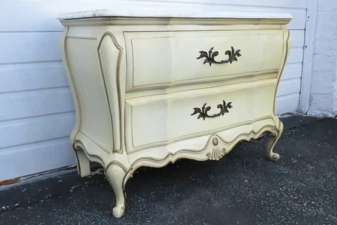 French Marble Top Distressed Painted Commode Small Dresser Large End Table 9990 Cover